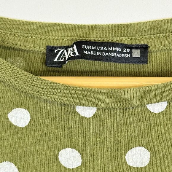 Zara Olive Green White Polka Dot‎ Hi Low Jersey Knit T-Shirt Top Women's Medium - Picture 6 of 7
